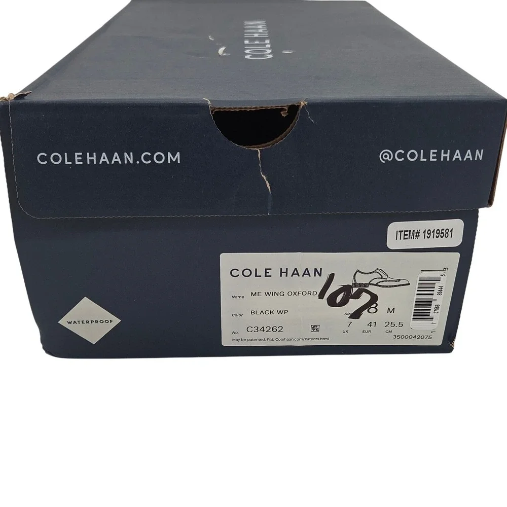 Cole Haan ME Wingtip Oxford Dress Shoes Mens 8 Black Leather Waterproof NEW